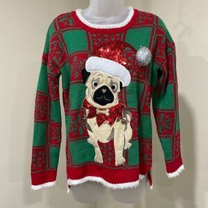 NWOT 33 Degrees Pug Christmas Sequin Bell Sweater.  Size M medium 8/10